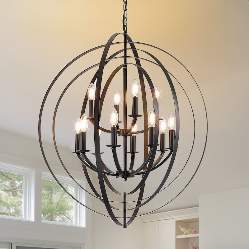 12-Light Globe Chandelier, Black Matte Pendant Lighting - 31" - N/A - Black