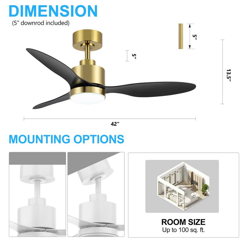 52"/42" Black/Gold LED Ceiling Fan with Lights Remote(3-Blade)