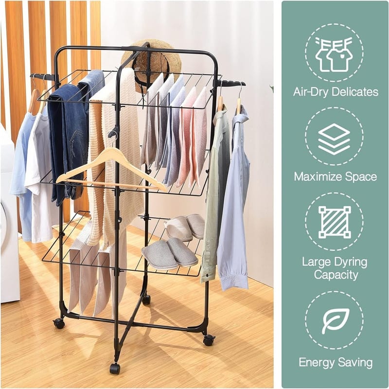Drying Rack Clothing, 3-Tier Collapsible Clothes Drying Rack with Wheels - 23.6"D x 27.2"W x 54"H