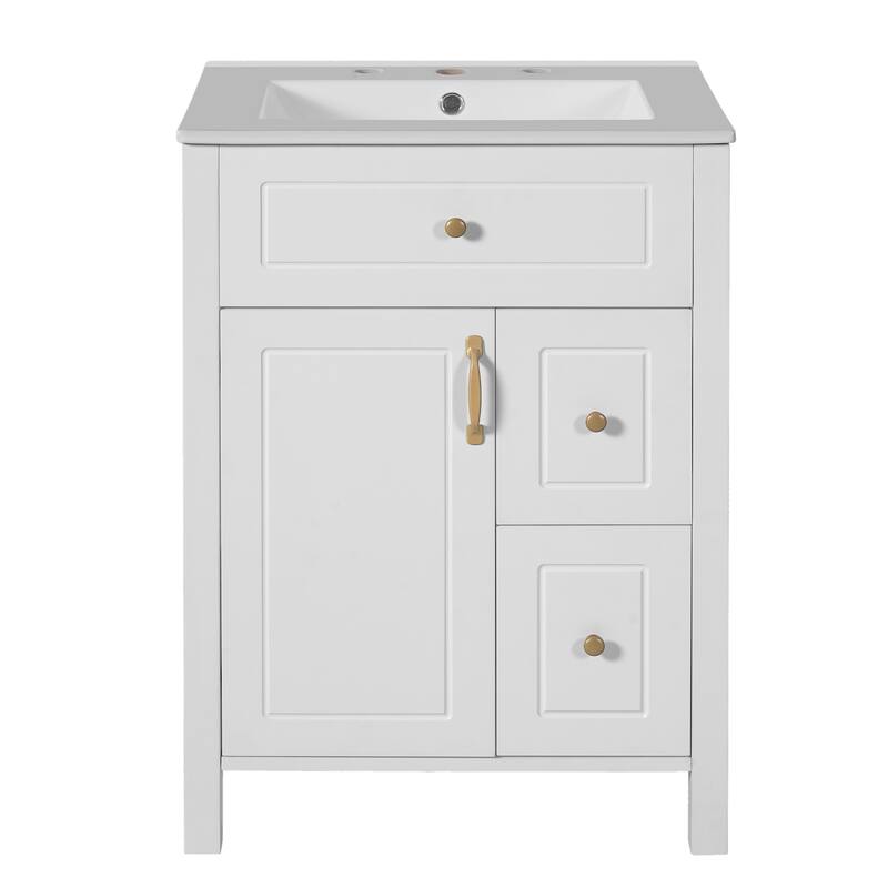 24-Inch Bathroom Vanity With Ceramic Sink, 1 Soft Close Door, 2 Soft Close Drawers, And Double Storage Racks On The Door