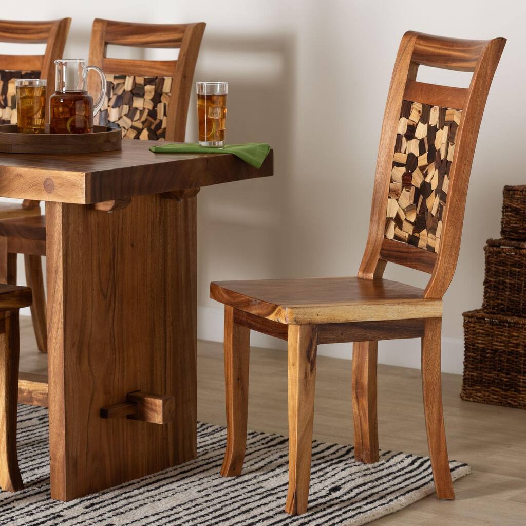 Luan Suar Wood Dining Chair - Handcrafted Solid Wood Seat with Mosaic Backrest Inlay, Rustic Modern Accent Chair
