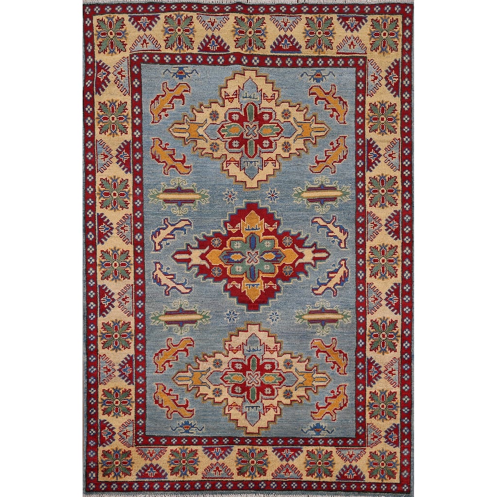 Light Blue Kazak Oriental Area Rug Handmade Geometric Wool Carpet - 3'11" x 5'10"