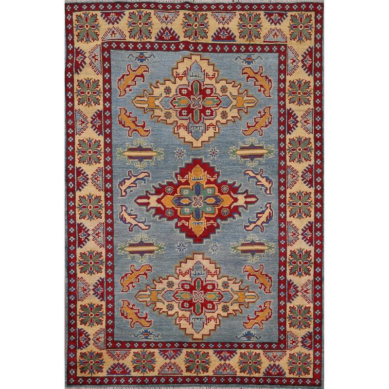 Light Blue Kazak Oriental Area Rug Handmade Geometric Wool Carpet - 3'11" x 5'10"