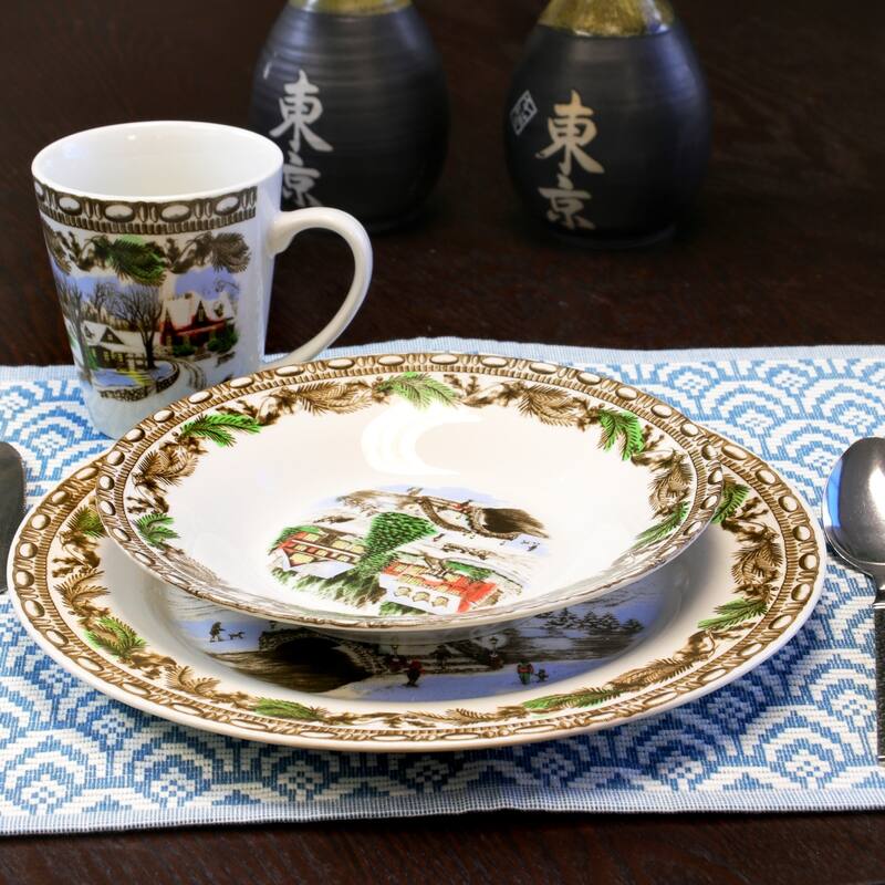Christmas Time Winter Cabin Dinnerware Set 16 Pieces