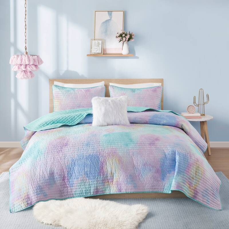 Intelligent Design Karissa Watercolor Tie Dye Printed Quilt Set with Throw Pillow - Aqua - Full - Queen