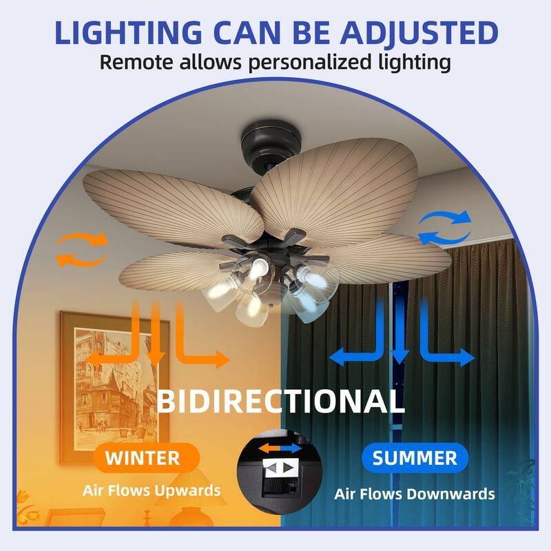 Moasis 52 Inch Tropical Palm Leaf Remote Ceiling Fans with Light and Clear Seeded Glass Light Kit