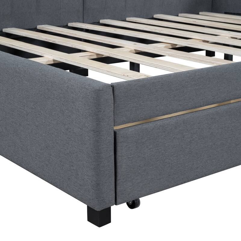 Full Size Daybed Grey Linen Upholstered Daybed Frame with 2 Drawers