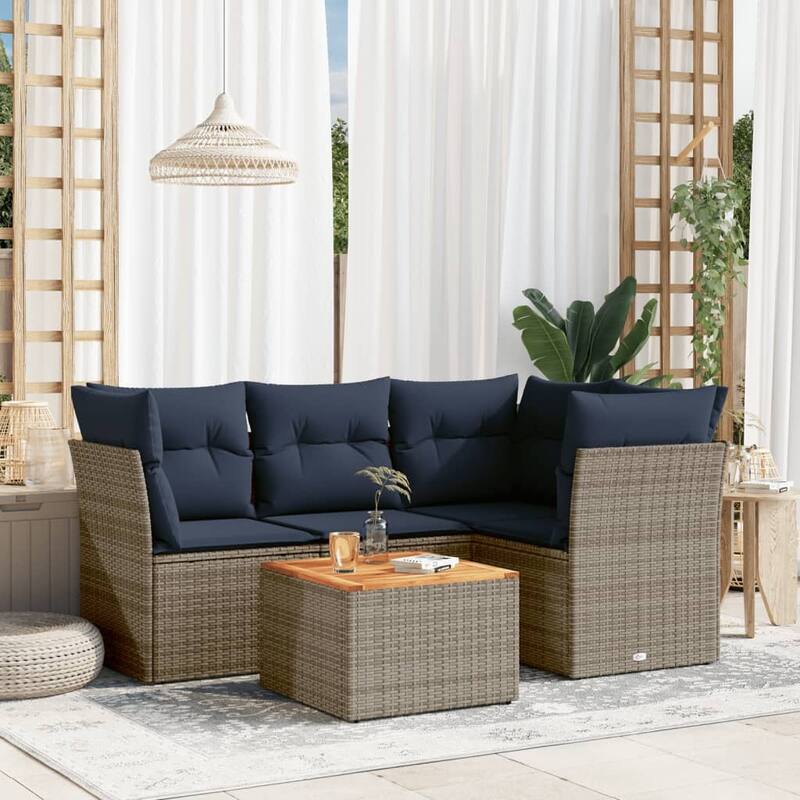 vidaXL 5 Piece Patio Sofa Set with Cushions Gray Poly Rattan - 24.4" x 24.4" x 27.2"
