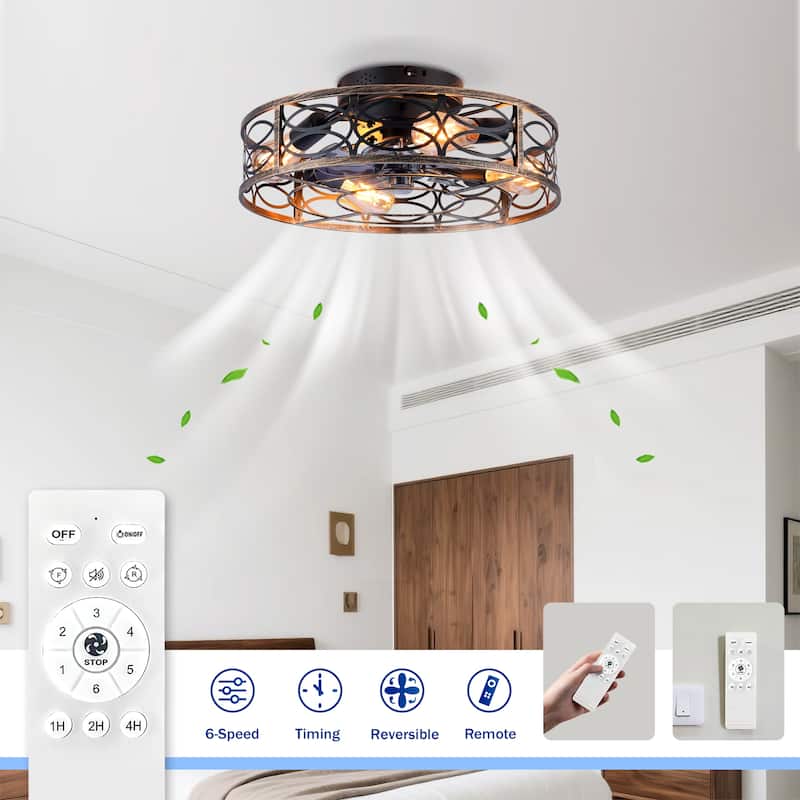 20 inch Flush Mount Ceiling Fan Light with Remote Caged Farmhouse Fandelier Black Wood Low Profile - Gilded Bronze-2(Bulbs not Included) - Wrought Iron