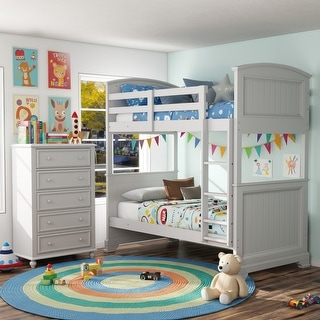 Furniture of America Giorgos 2-Piece White Solid Wood Twin over Twin Bunk Bed and Chest Kids Bedroom Set