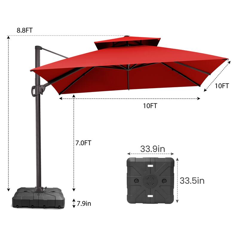 Pellebant Outdoor 10x10 FT Square Cantilever Patio Umbrella 360 Degree Rotation with HDPE Base
