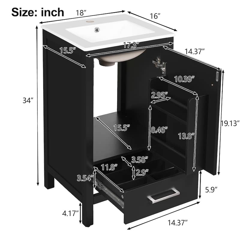 18" Small Bathroom Vanity with Ceramic Sink, Freestanding Storage Cabinet with Soft Close Drawer and Door, Adjustable Shelf