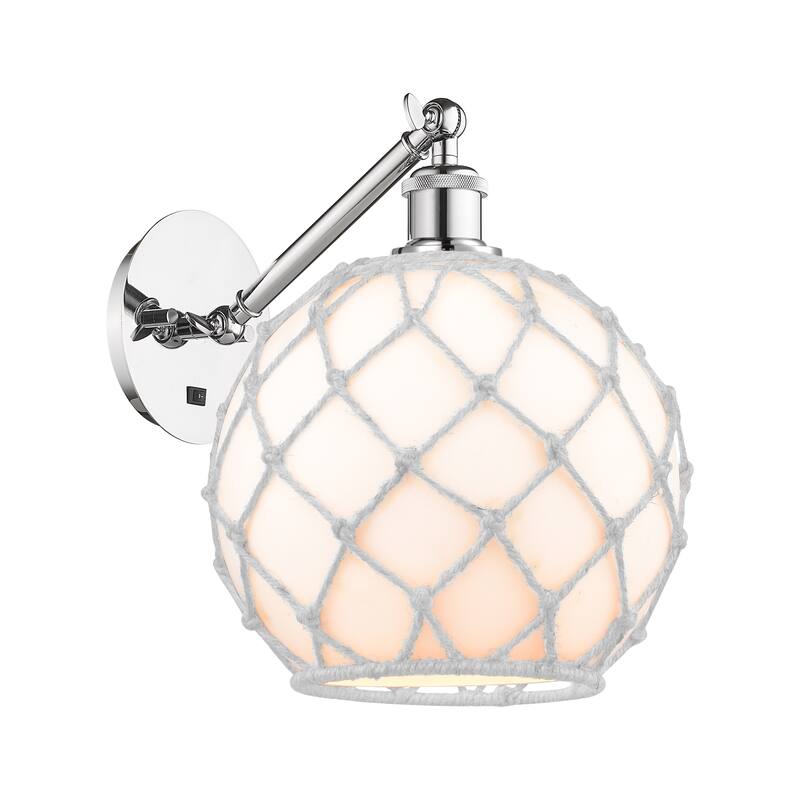 Innovations Lighting Endless Possibilities Ballston - Farmhouse Rope - 1 Light 10" Adjustable Sconce - Arm Adjusts Up and Down - White Glass with White Rope/Polished Chrome