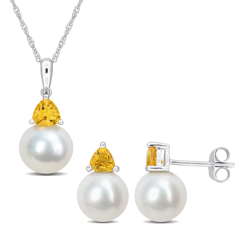 Miadora 8-8.5mm Cultured Freshwater Pearl 5/8ct TGW Citrine Jewelry Set 10k White Gold - 17 in