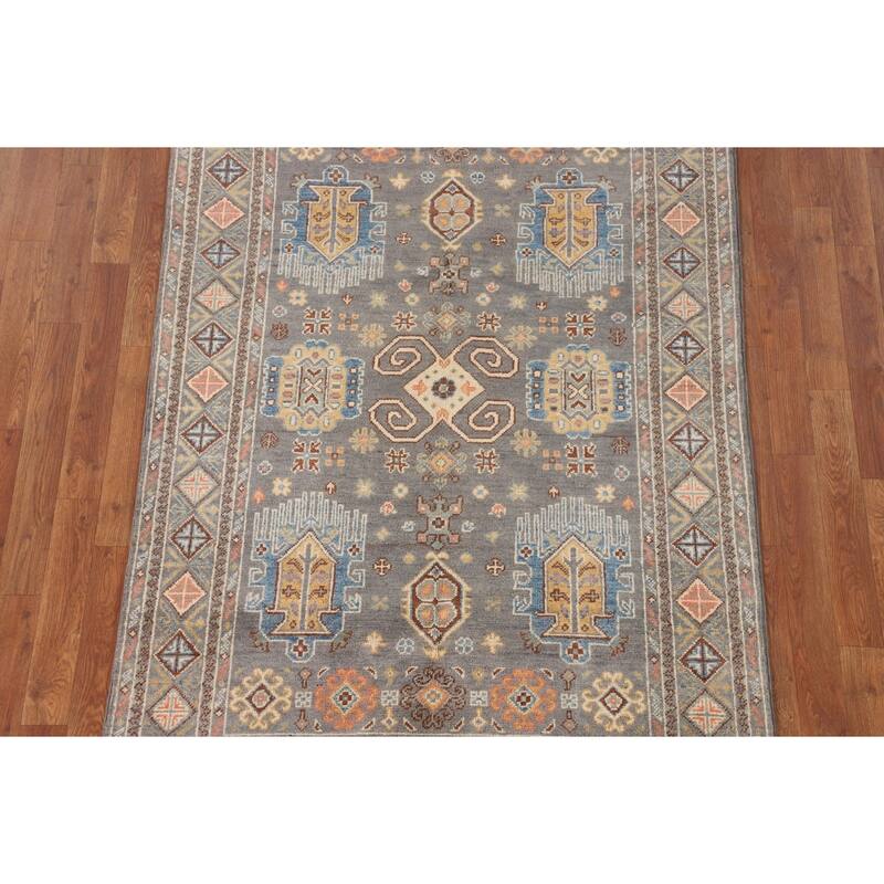 Traditional Kazak Oriental Area Rug Hand-Knotted Grey Wool Carpet - 4'1" x 6'2"