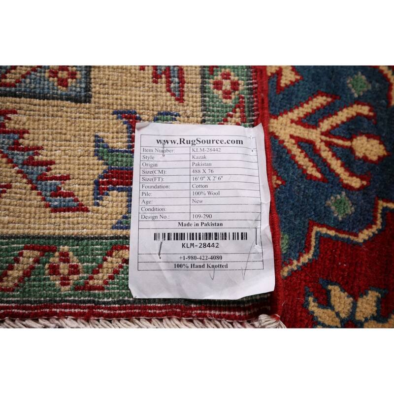Geometric Red Kazak Oriental Runner Rug Handmade Wool Carpet - 2'6" x 16'0"