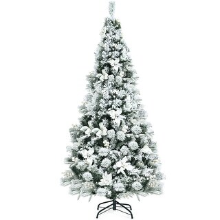 6 Feet Snow Flocked Hinged Christmas Tree with Berries and Poinsettia ...