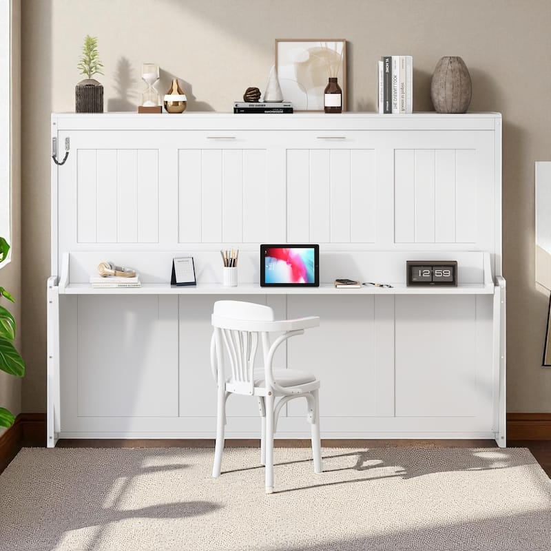 Full/Queen Murphy Wall Bed with Desk, Hydraulic Lift, 600 lb Capacity, 10 in Mattress, Space-Saving Home Office