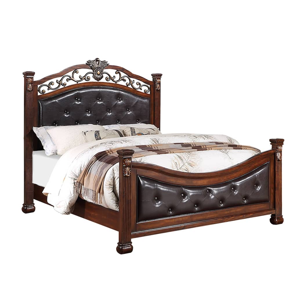 Bed with Crafted Upholstered Headboard in Dark Cherry