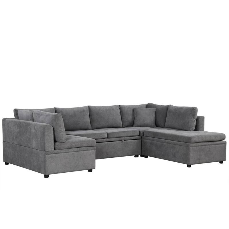 117" U-Shaped Oversized 6-Seat Sectional Sofa with Chaise, Pull-Out Bed, and 2 Detachable Throw Cushions