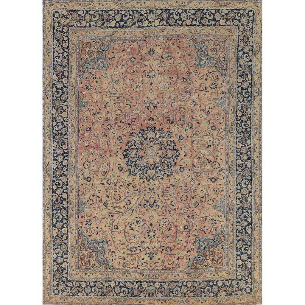 Floral Mashad Persian Vintage Area Rug Hand-Knotted Wool Carpet - 9'6" x 12'10"