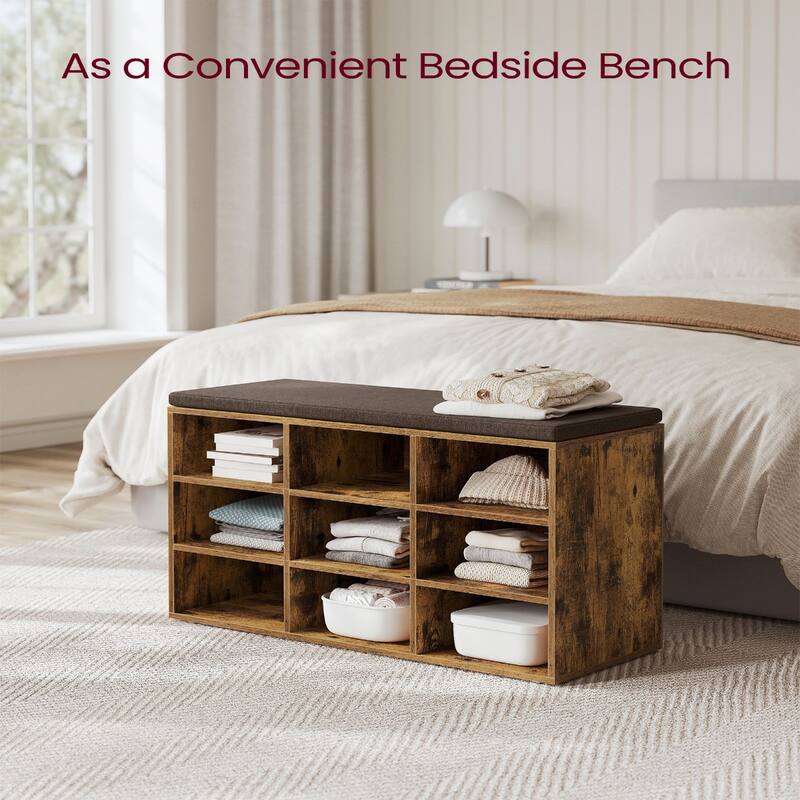 9-Compartment Storage Bench with Comfortable Linen-Look Seat Cushion for Shoes and Accessories - 11.9"D x 30.9"W x 18.9"H