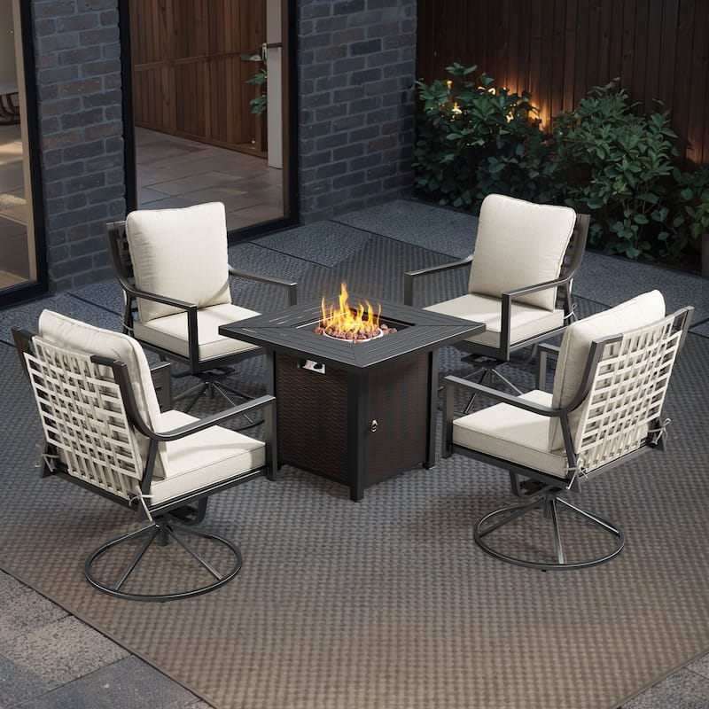 Outdoor Patio Glider Chairs Beige Cushion Set - 5PCS Swivel Chair with Fire Table