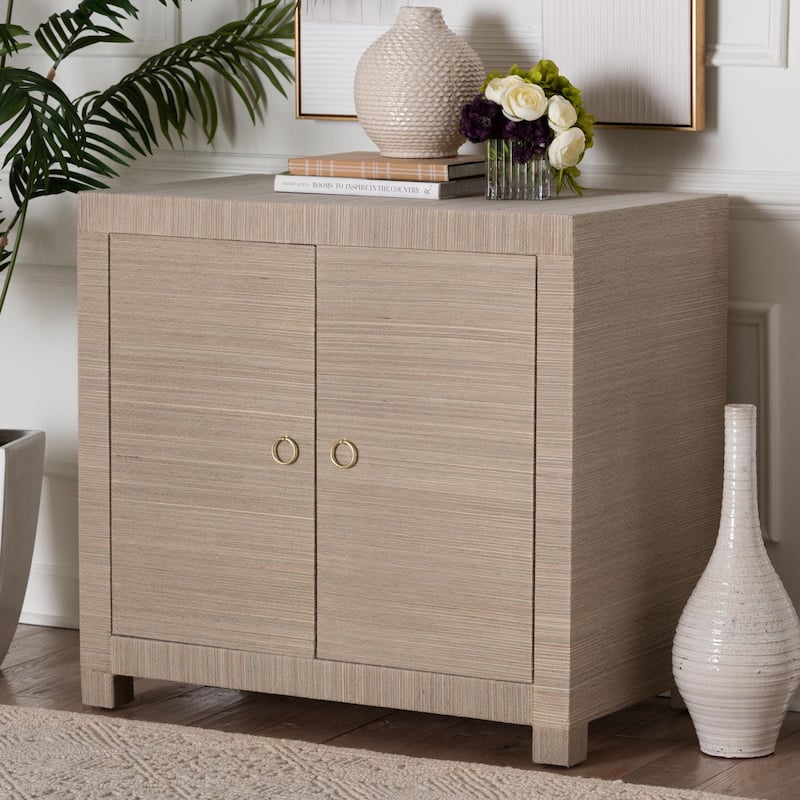 Halen Natural Grasscloth Storage Cabinet - Two-Door Console Storage Solution with Gold Ring Pulls, Modern Coastal Organizer