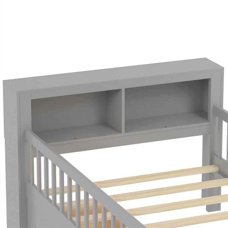 Twin Size Platform Bed with Storage Headboard and 2 Under-Bed Drawers, Wooden Bed Frame with Guardrails and Slats Support