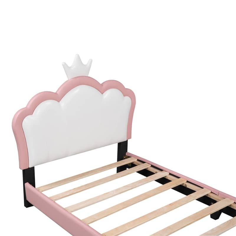 Twin/Full Size Upholstered Princess Bed with Crown Headboard, Cute Platform Bed Frame with Headboard and Footboard for Kids