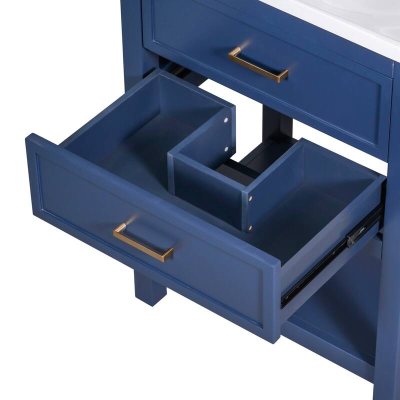 Blue and Gold Bathroom Vanity with Resin Basin Sink, U-Shaped Drawer, Textured Hardware, Storage Cabinet - 24in L MDF