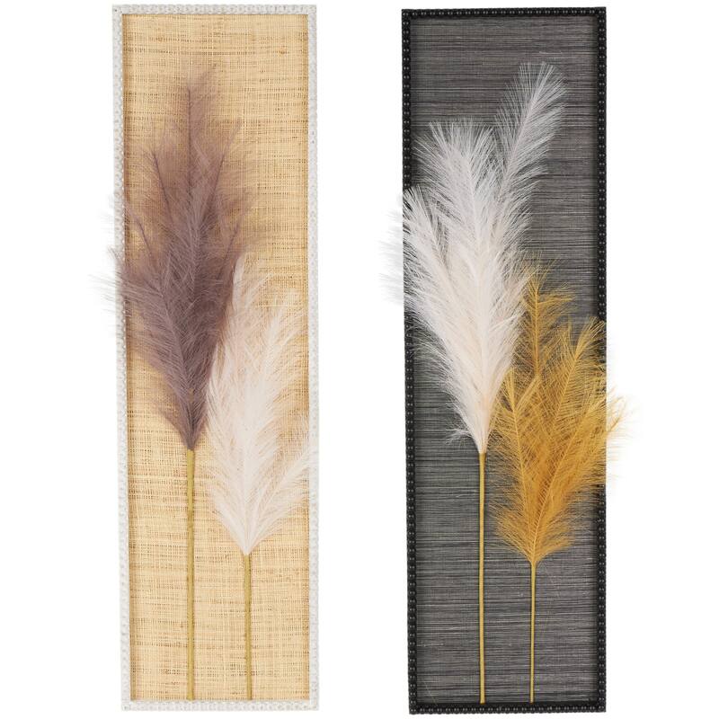 Brown Wood Handmade 3D Pampas Stem Leaf Home Wall Decor with Textured Backing and Beaded Frame (Set of 2)