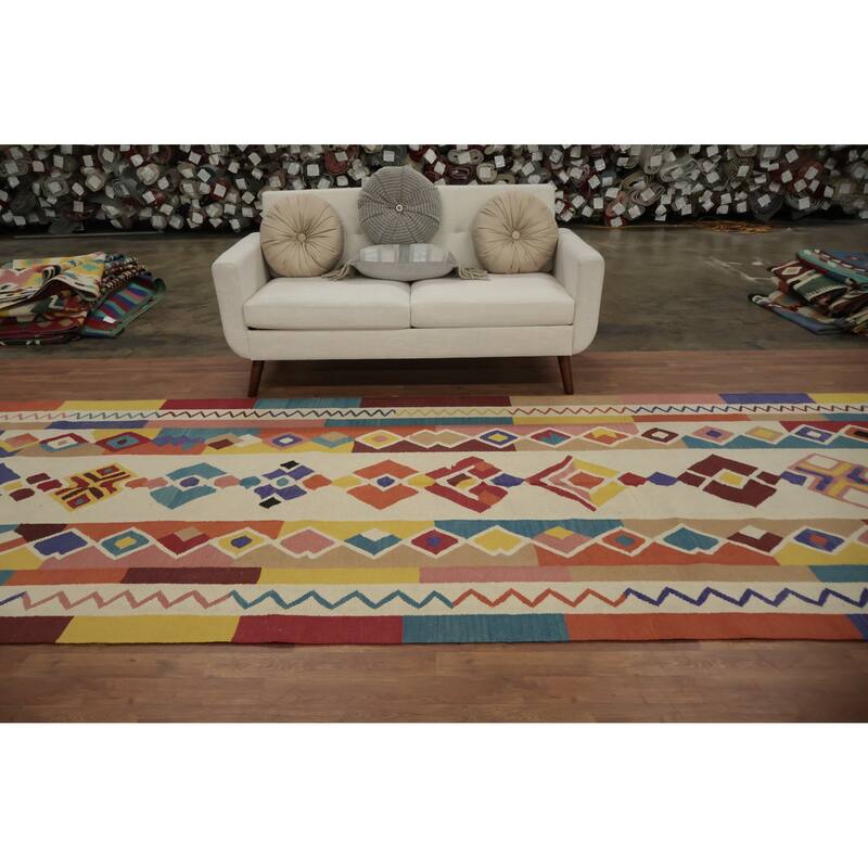 Hand Woven Oriental 100% Wool Carpet Southwestern Tribal Multi-Colored Kilim Runner Rug - 18' 0'' X 5' 3''