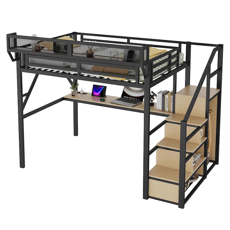 Full Size Metal Loft Bed with Built-In Desk, Charging Station and RGB Lighting, Staircase with Storage and Wardrobe