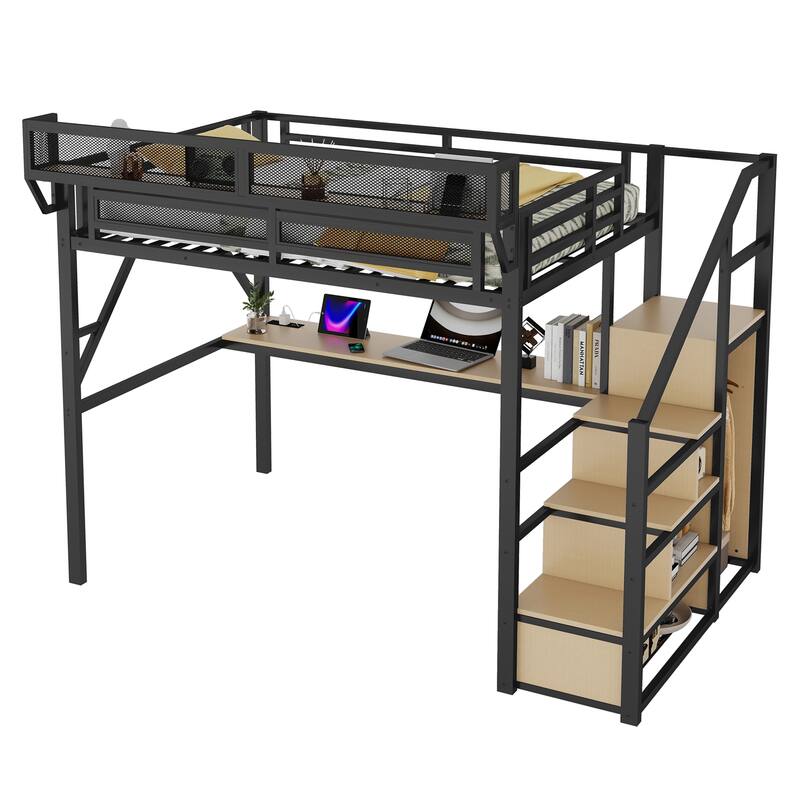 Metal Loft Bed with Storage Stairs Upper Storage Shelves and Wardrobe, Metal Structure Bed Optional Desk Charging Station