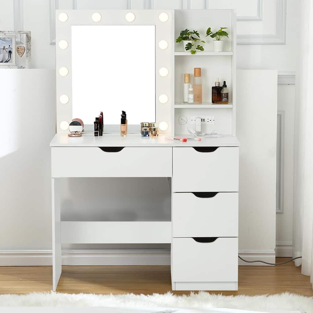 Vanity Desk with Mirror, Charging Station, 3-Mode Adjustable LED Lights, 4 Drawers & 2 Shelves, Makeup Table for Bedroom