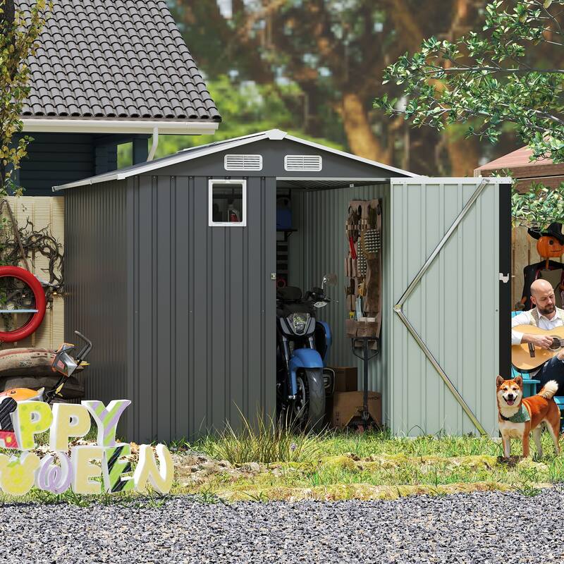 6x8FT Outdoor Steel Storage Shed with Clear Window, Lockable Doors, Compact Metal Tool Shed for Garden - Dark Gray