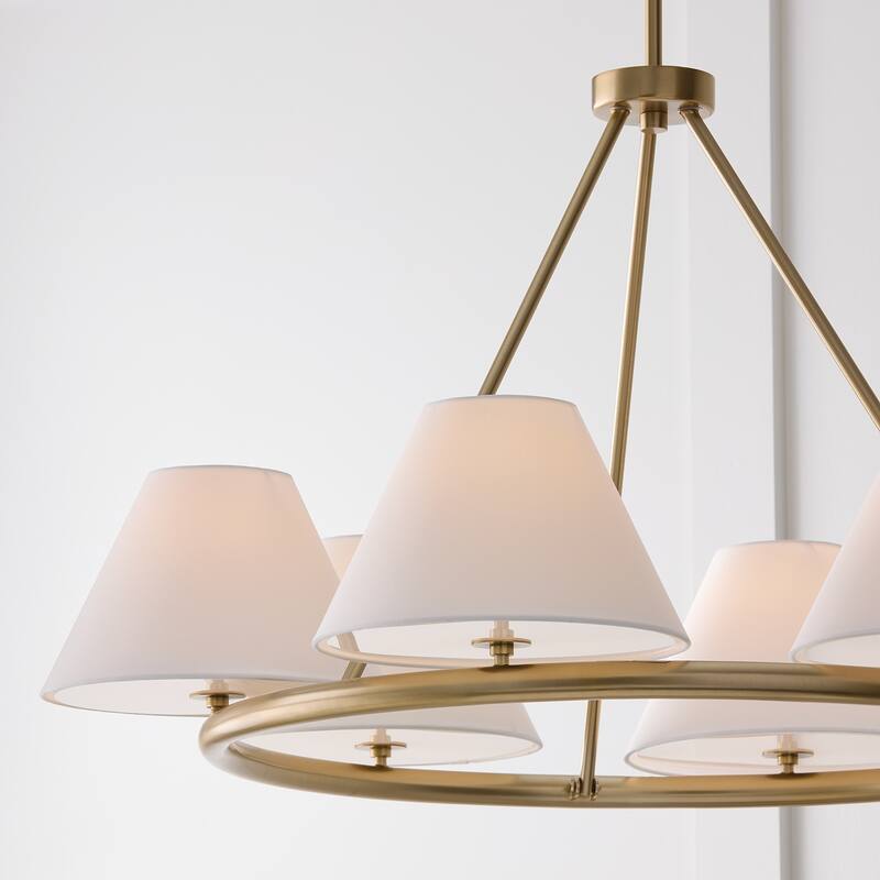 35"W x 19.50"H 6-Light Circular Ring Chandelier in Matte Brass with White Fabric Shades and Glass Diffusers