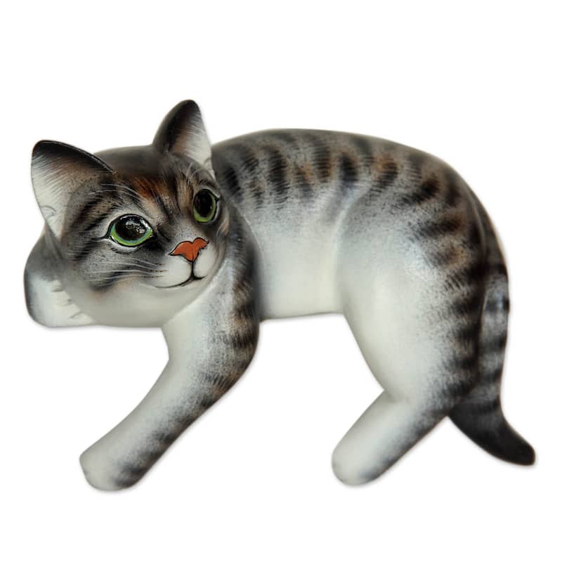 Handmade Tabby Cat Relaxes Wood sculpture (Indonesia) - 24 x 17 x 13