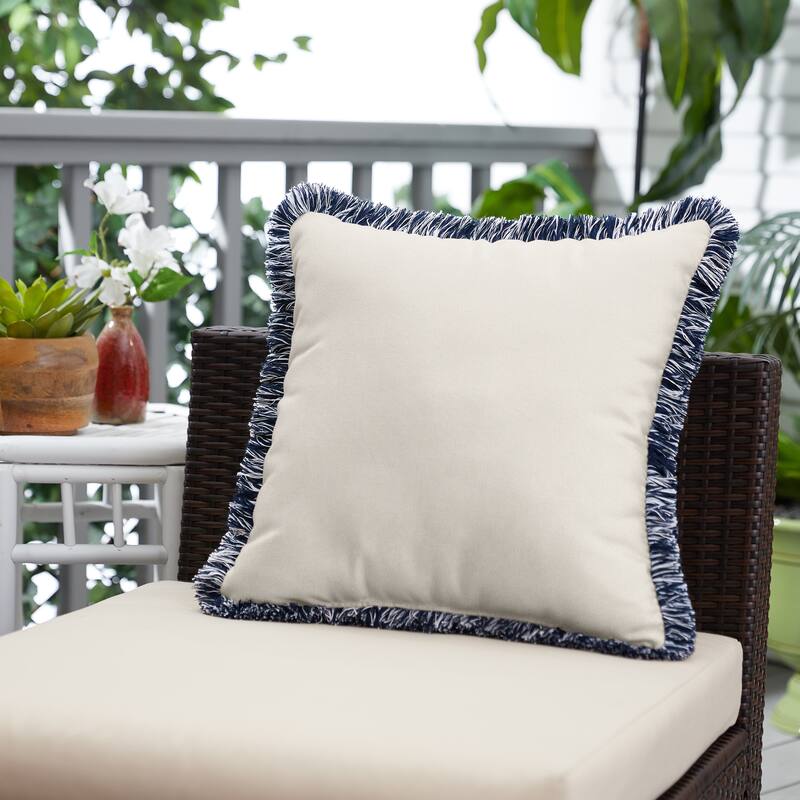 Sunbrella Canvas Natural Indoor/ Outdoor Square Pillow with Fringe - 18 in L x 18 in W - Canvas Natural / Navy and White