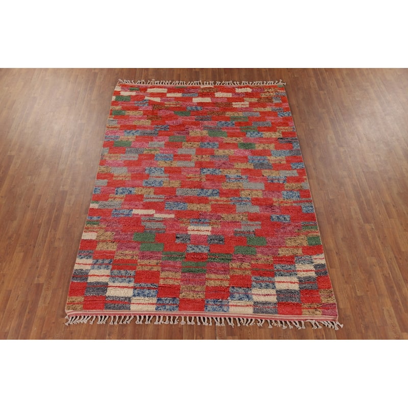 Checkered Moroccan Area Rug Handmade Orange Wool Carpet - 7'1" x 10'0"