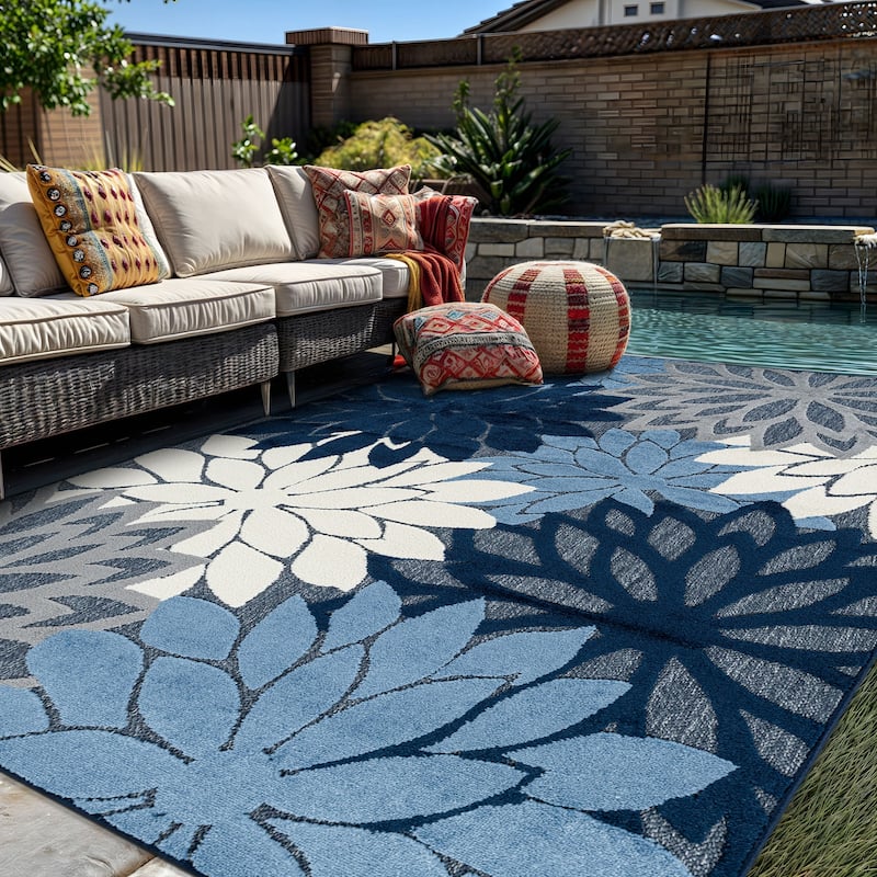World Rug Gallery Indoor/Outdoor High-Low Textured Area Rug, Floral Easy-Clean Patio Rug - 5' x 7' - Navy