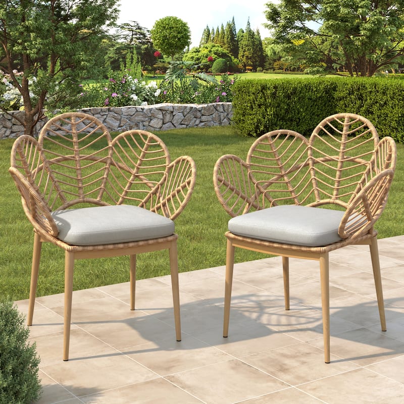 Roomfitters Kirk Outdoor Wicker Peacock Papasan Chairs with Teak Finish Legs, Light Brown and Beige Set of 2 - Set of 2 - Beige,Light Brown,Light Teak