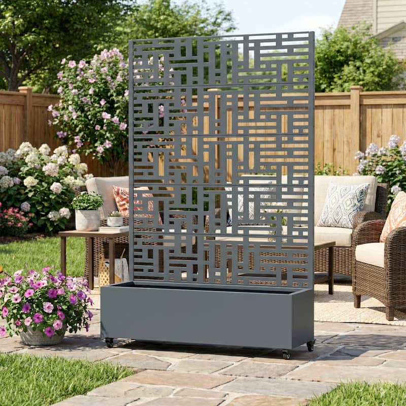 Metal Movable Planter Box with Trellis Privacy Screen Lockable Wheels