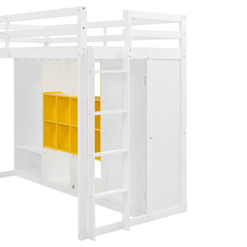 Twin/Full Size Versatile Loft Bed with Wardrobe, Storage Bed Frame with Multi-Shelves and Clothes Hanging Rod