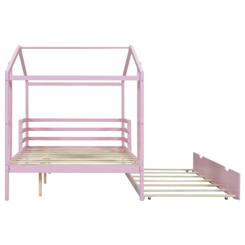 Full Size Wood House Bed with Fence and Writing Board