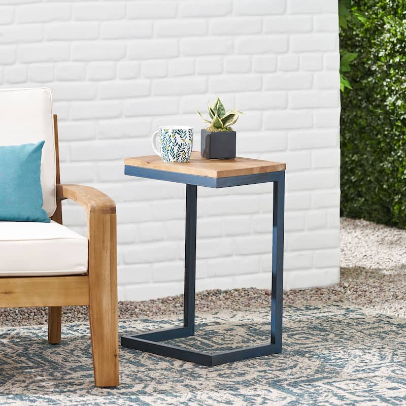 Roomfitters C-Shaped Side Table, Industrial End Table with Natural Wood Top and Blue Metal Frame for Sofa or Bedside, Natural