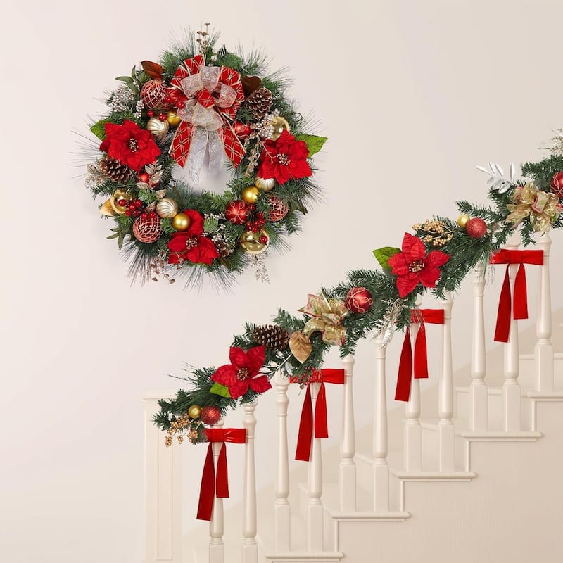 30 Inch Lighted Christmas Wreath with Red Gold Balls for Front Door - N/A