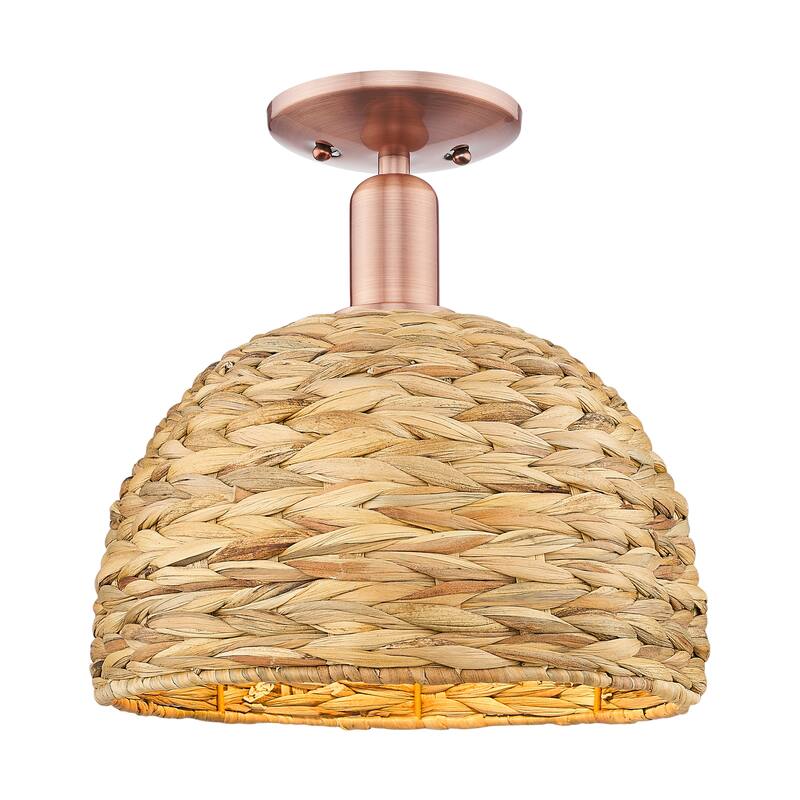 Innovations Lighting Endless Possibilities Arcadia - Woven Rattan - 1 Light 12" Semi-Flush Mount - Antique Copper/Natural