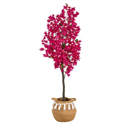 5' Artificial Bougainvillea Tree with Handmade Jute & Cotton Basket with Tassels
